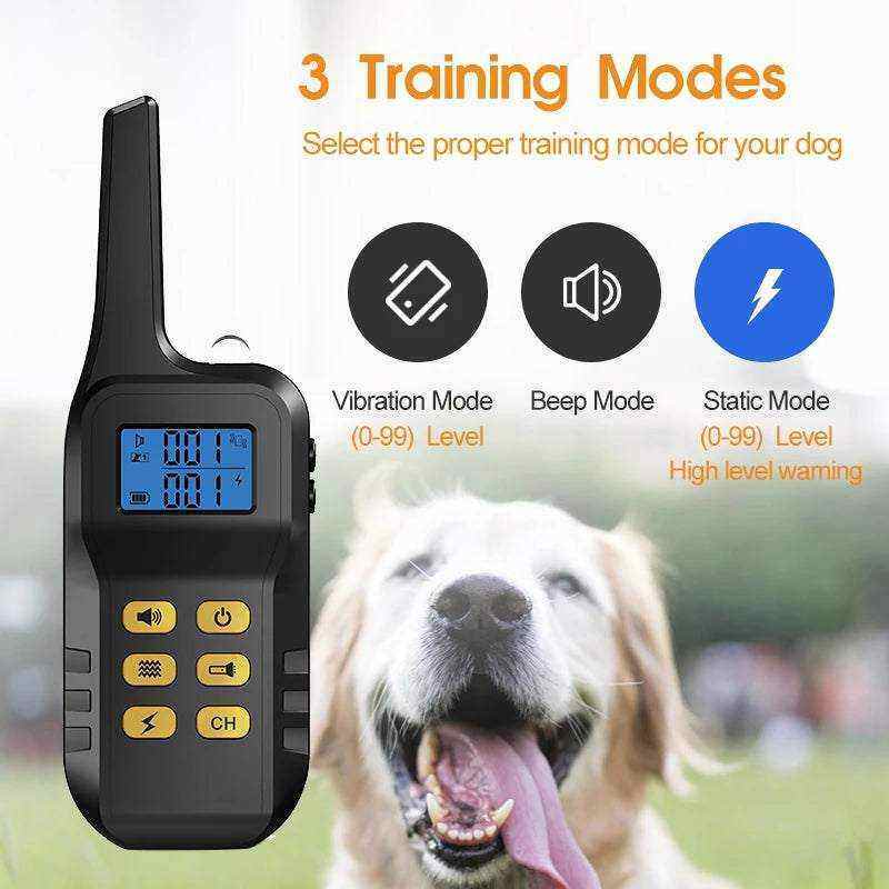 Télécommande collier de dressage électrique T720 avec 3 modes pour chiens, contrôle jusqu'à 3 chiens, portée 1000m, écran LCD et boutons jaunes.