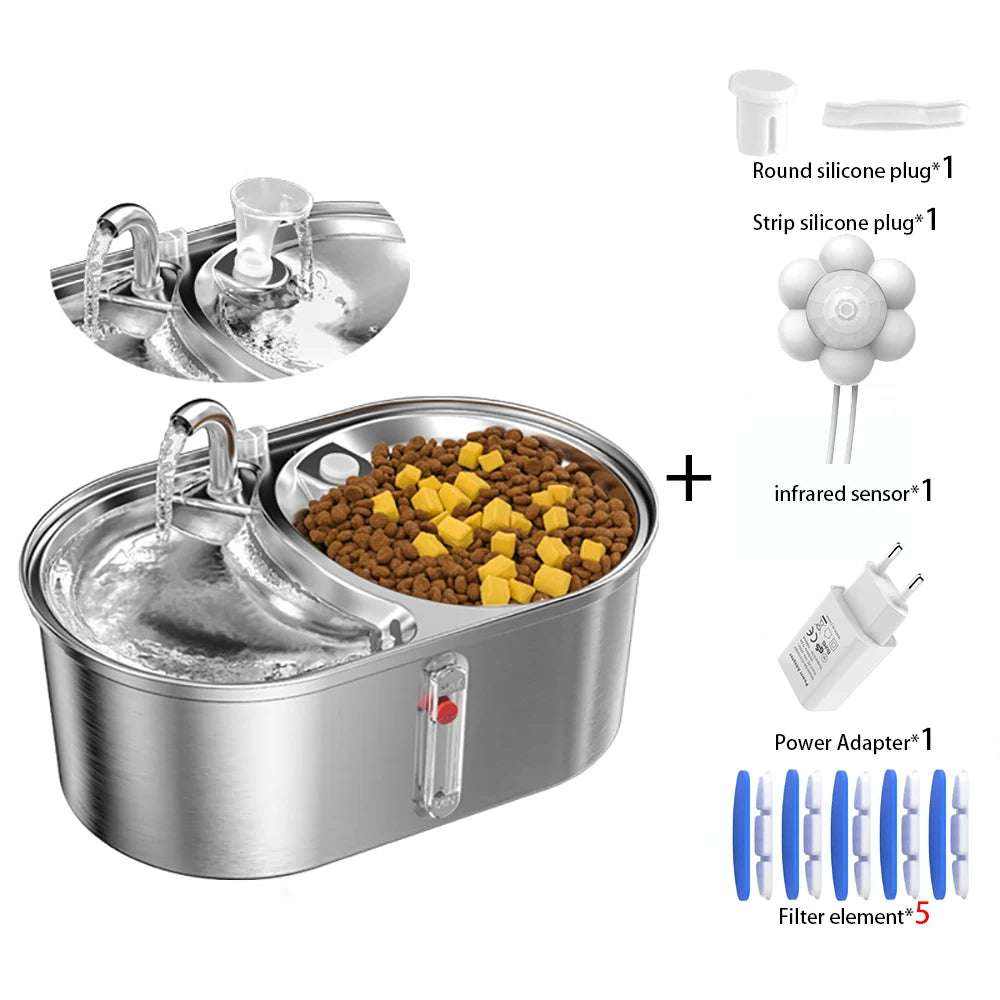 Fontaine à eau et mangeoire double en acier inoxydable 3L pour chat, avec pompe silencieuse et accessoires inclus.