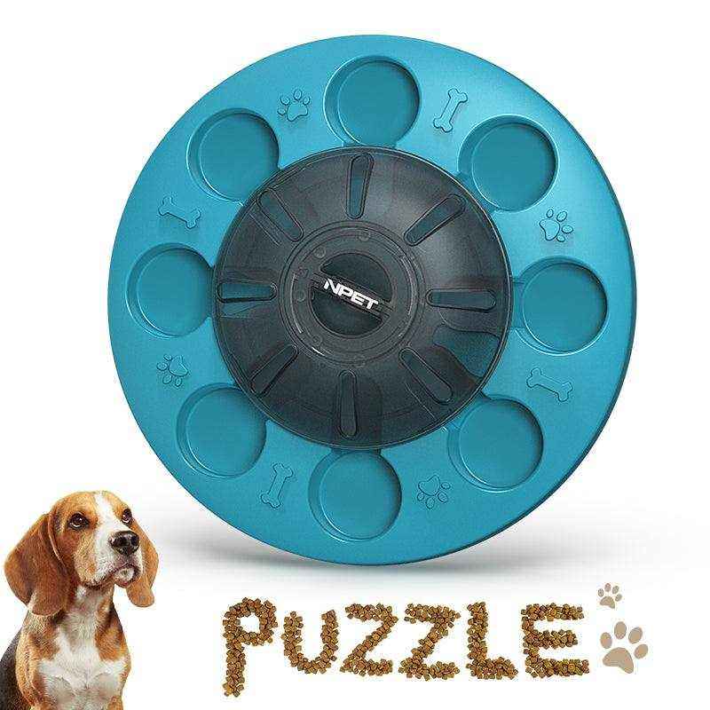 Puzzle interactif pour chiens bleu en plastique avec compartiments pour friandises, jouet éducatif stimulant l’intelligence canine.