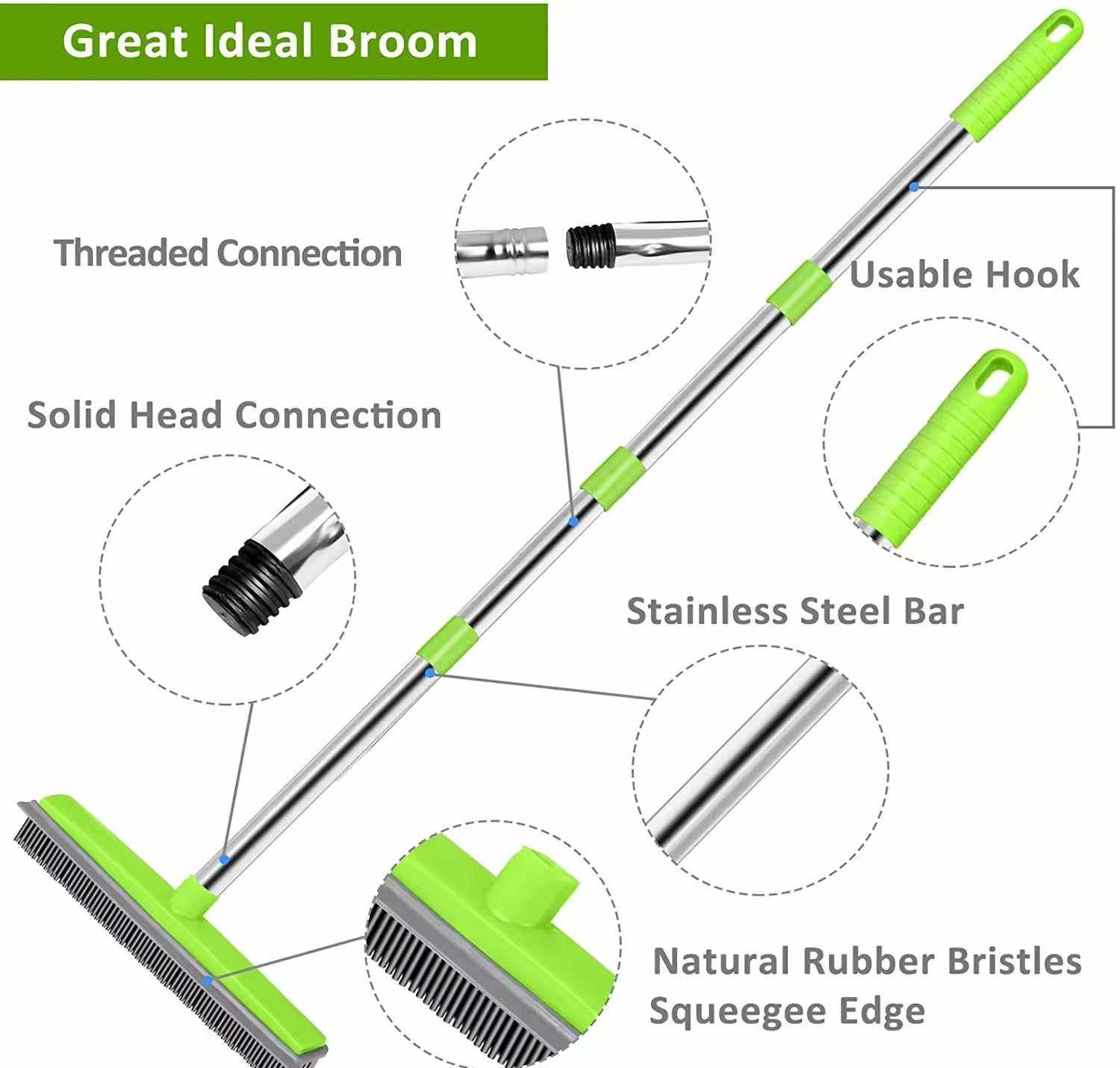 Balai anti-poils avec manche réglable en acier inoxydable et poils en caoutchouc naturel pour sols et tapis.