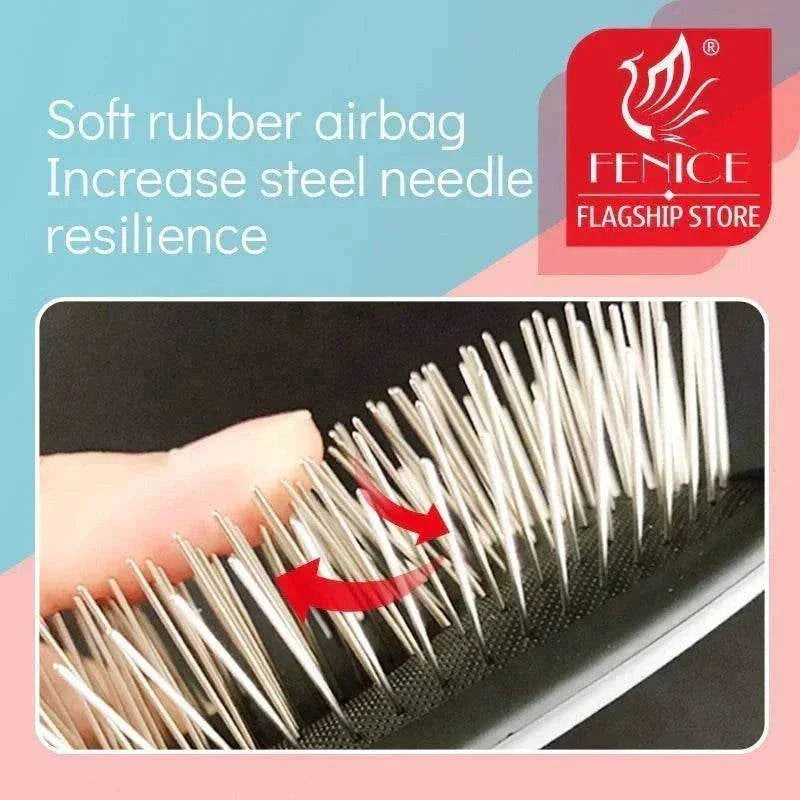 Peigne de massage Fenice professionnel avec picots métalliques souples pour chiens et chats, favorisant un pelage sain et doux.