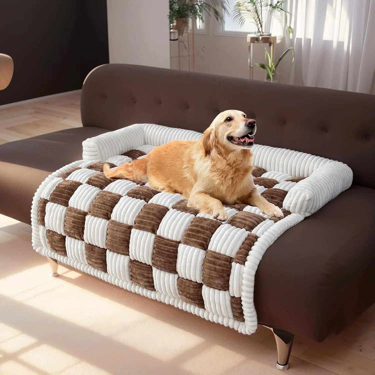 tapis confortable à carreaux bicolores pour chiens, doux et rembourré, idéal pour canapé et sol, protection meubles, entretien facile