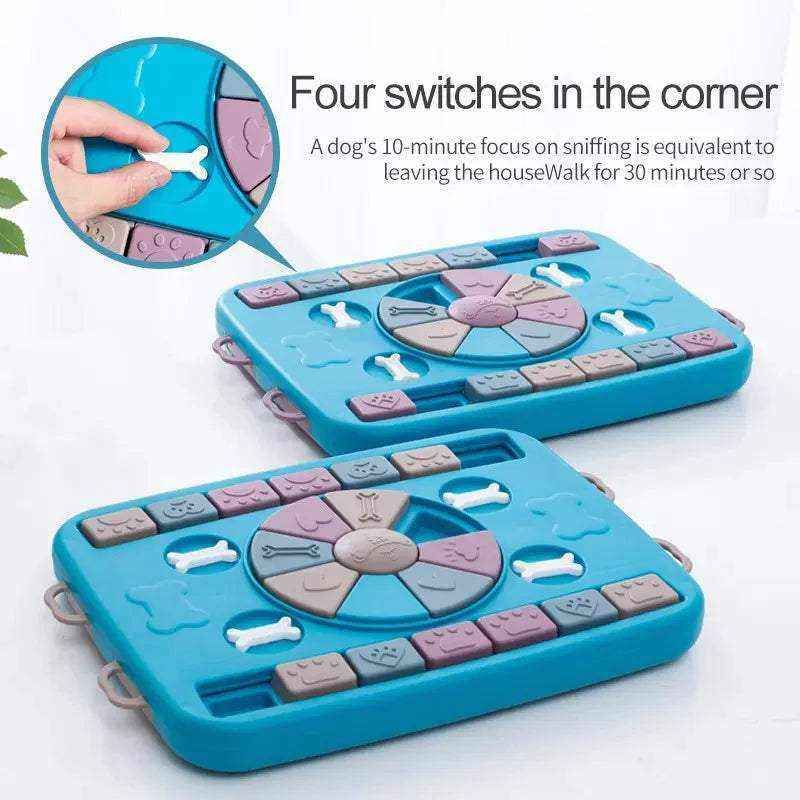 Jouet puzzle interactif bleu pour chien avec distributeur de nourriture stimulant l'intelligence et ralentissant l'alimentation.