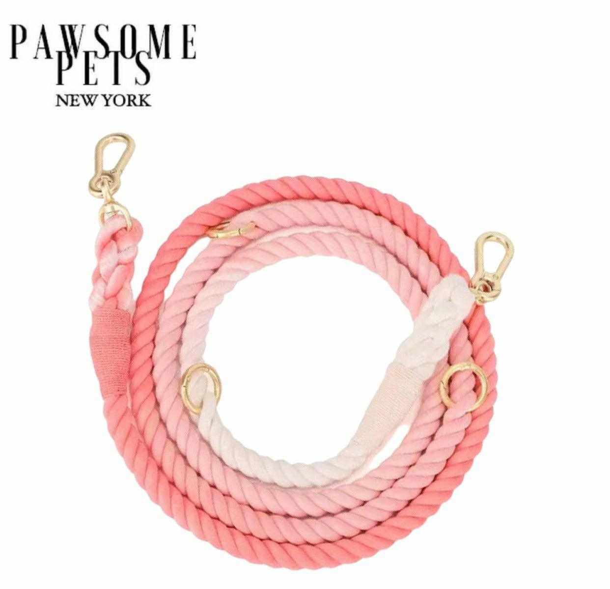 Laisse en corde mains libres rose et blanche, ajustable, coton résistant, design élégant.