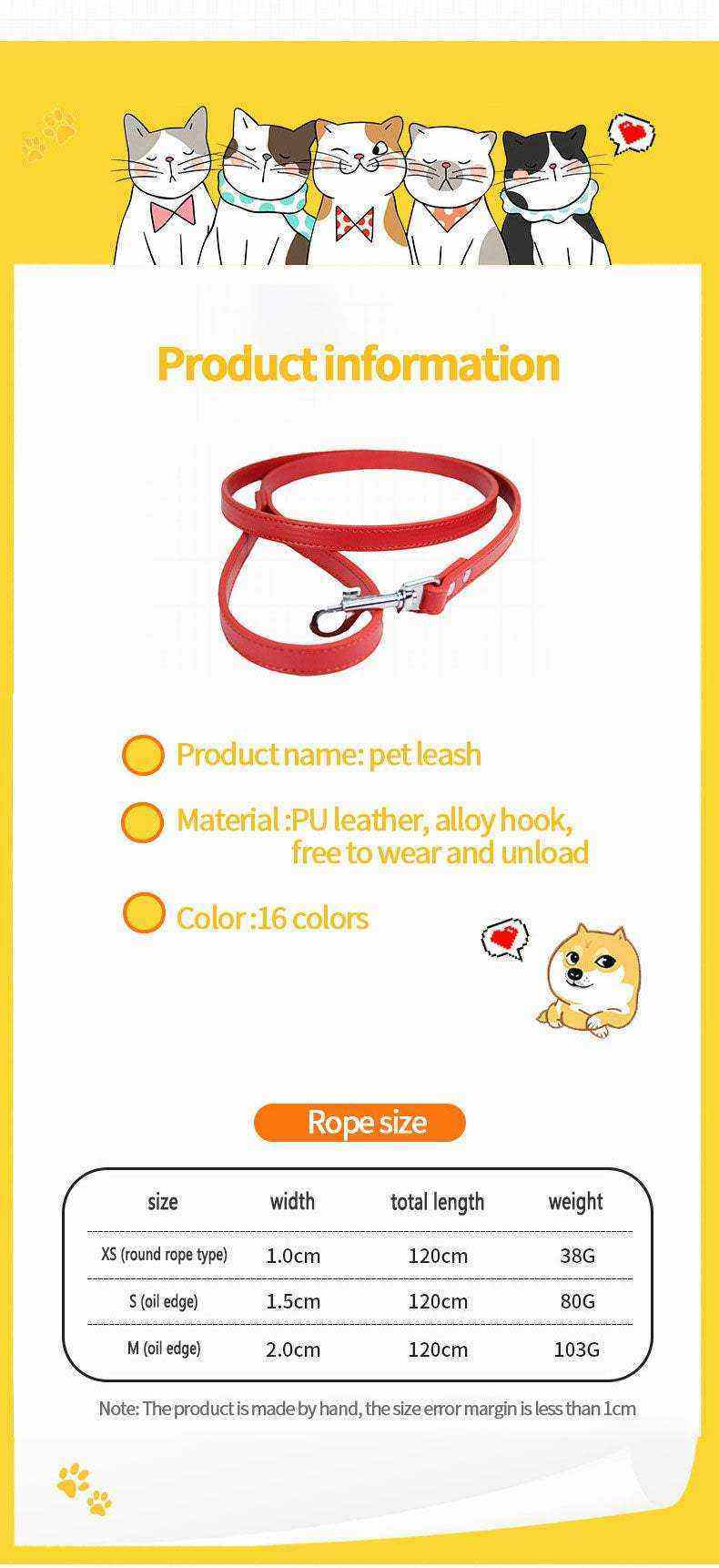 Pet Leash Dog PU Leather Chain Anti-Loss New Out Cat Leash
