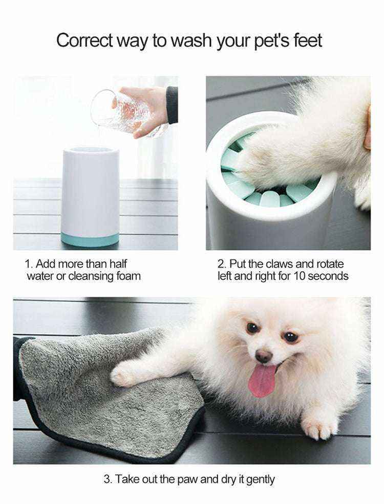 Lave-patte manuel pour chiens et chats avec picots en silicone souple, nettoyage rapide et facile des pattes après promenade, disponible en tailles S et L, couleurs vert, rose et gris.