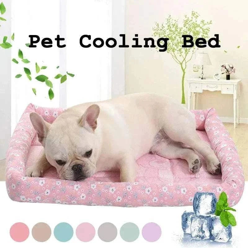 Cooling mat for small dog, matelas rafraîchissant in pink with ice symbols, summer pet bed.