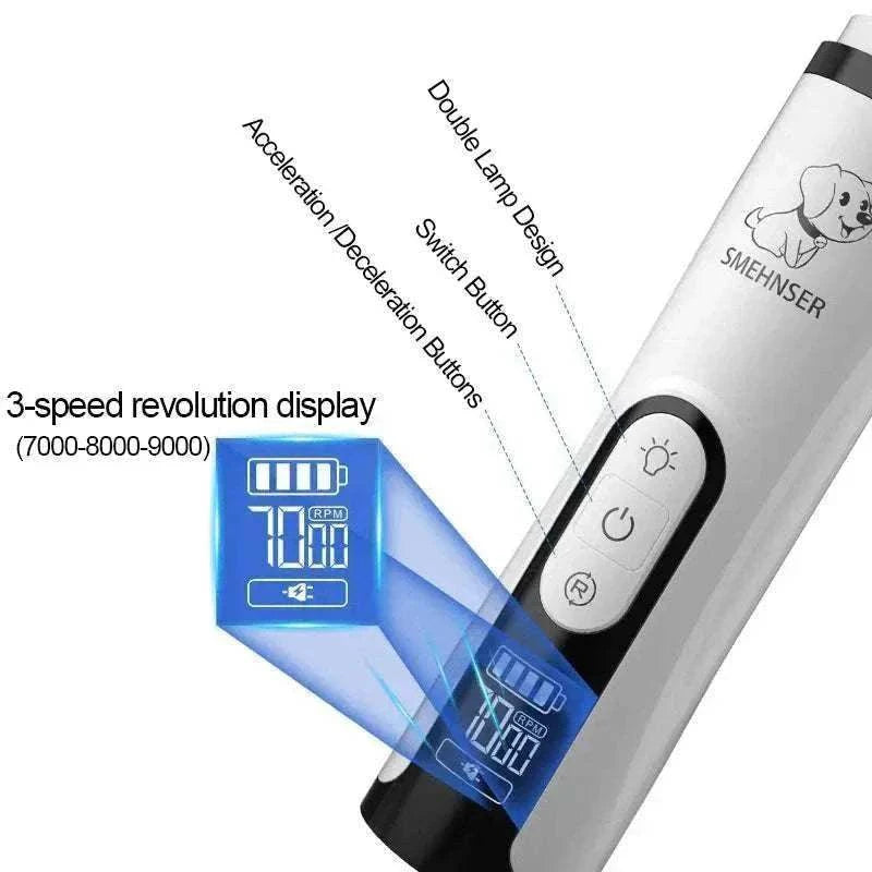 Polisseuse électrique silencieuse pour griffes d’animaux avec écran LED et vitesses réglables, tête de meulage facile à remplacer.