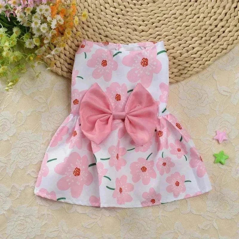 Floral princess-style pet dress for small dogs and cats, perfect for summer.