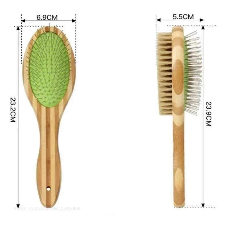 Brosse double face en bambou avec poils de sanglier et picots métalliques pour toilettage de chats et chiens, 23,2x6,9 cm.
