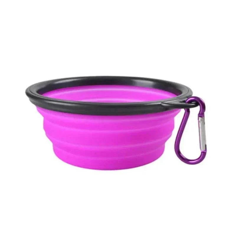 Portable silicone travel bowl for pet food and water, lightweight and collapsible design.