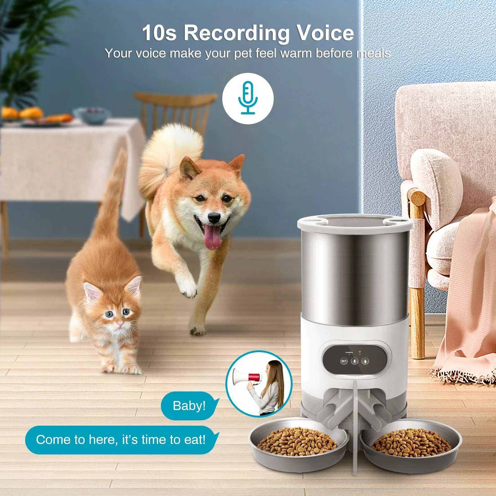 distributeur automatique intelligent ZYfeeder pour chiens avec contrôle des portions et enregistrement vocal 10 secondes plateau acier inoxydable