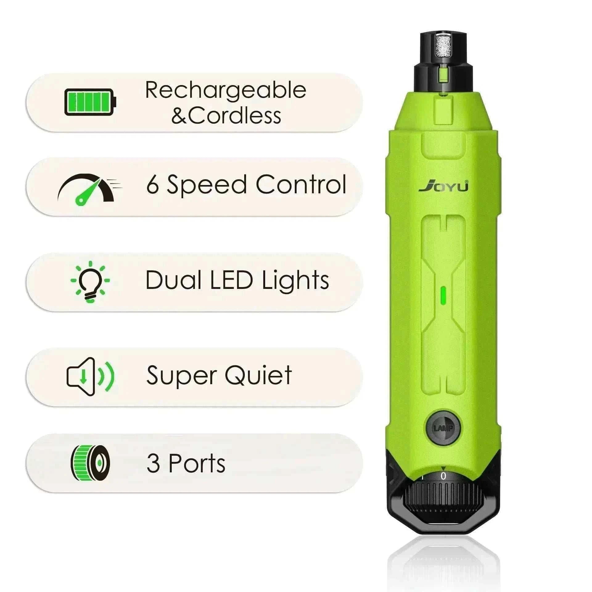 Lime à ongles électrique verte pour chiens et chats avec 6 vitesses, éclairage LED double, rechargeable et silencieuse.