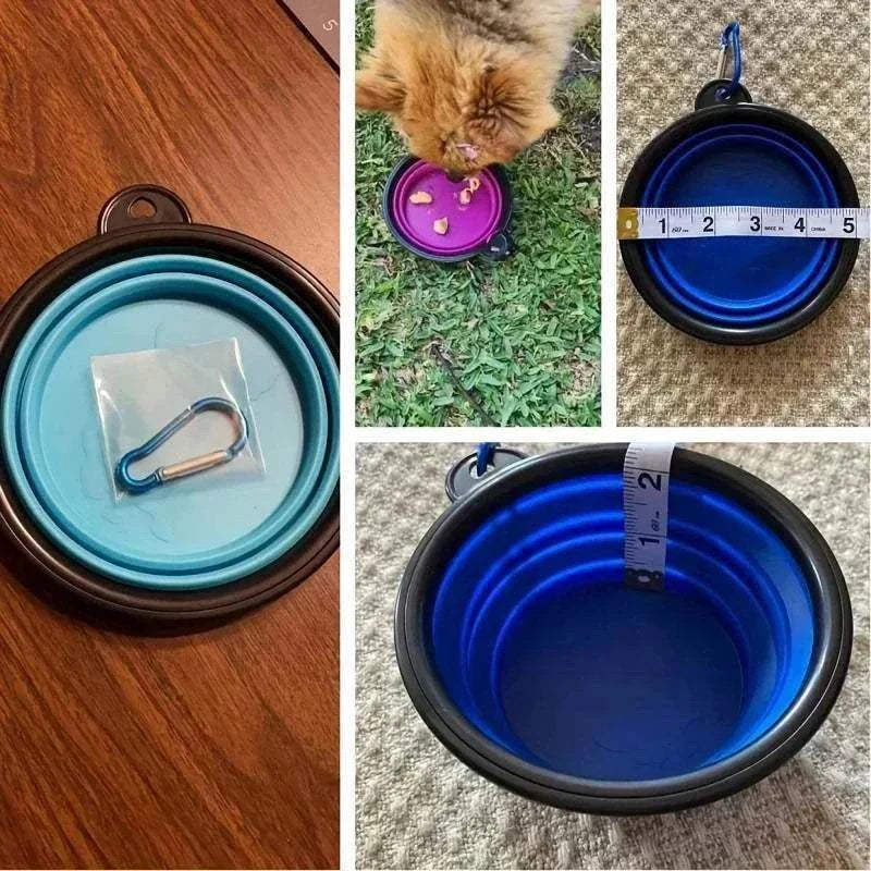 bol pliable en silicone bleu pour nourriture et eau de chiens et chats avec mousqueton portable pour voyage et randonnée