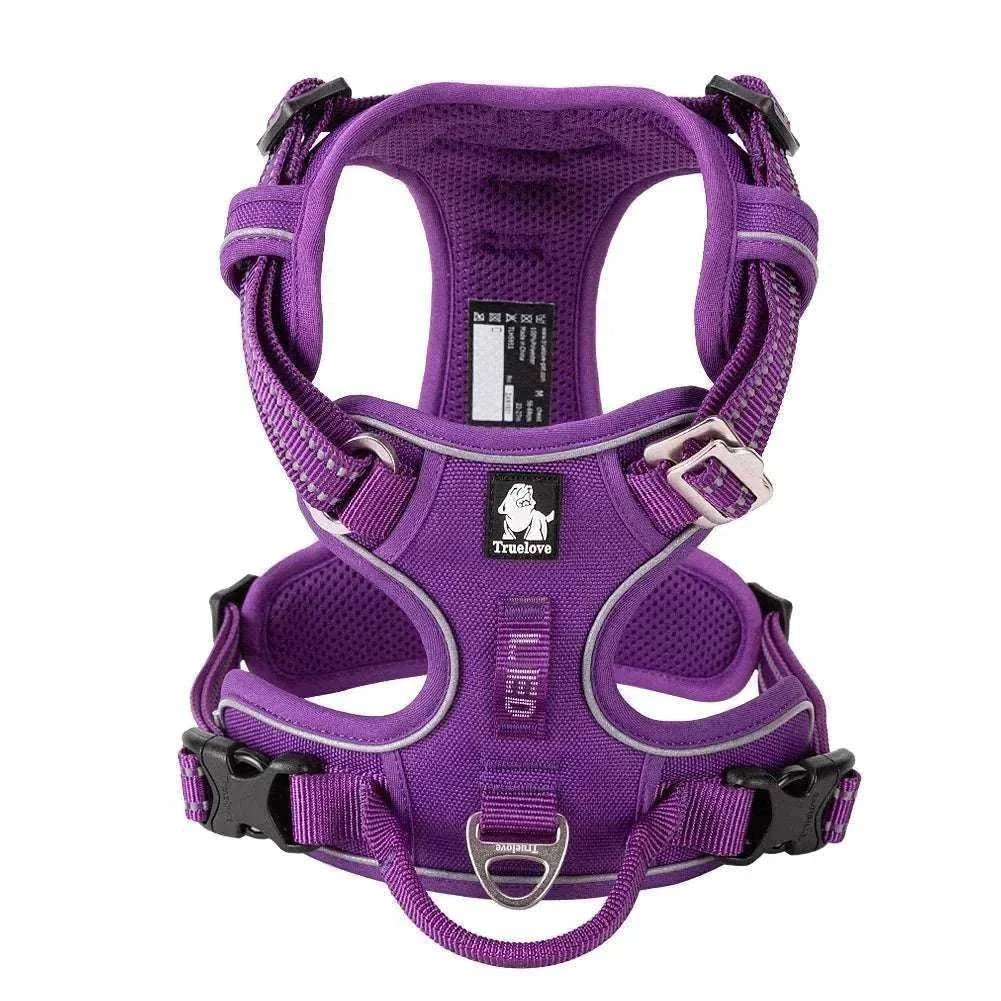 harnais anti-traction pour chien en nylon violet avec bandes réfléchissantes et poignée de contrôle confortable et réglable