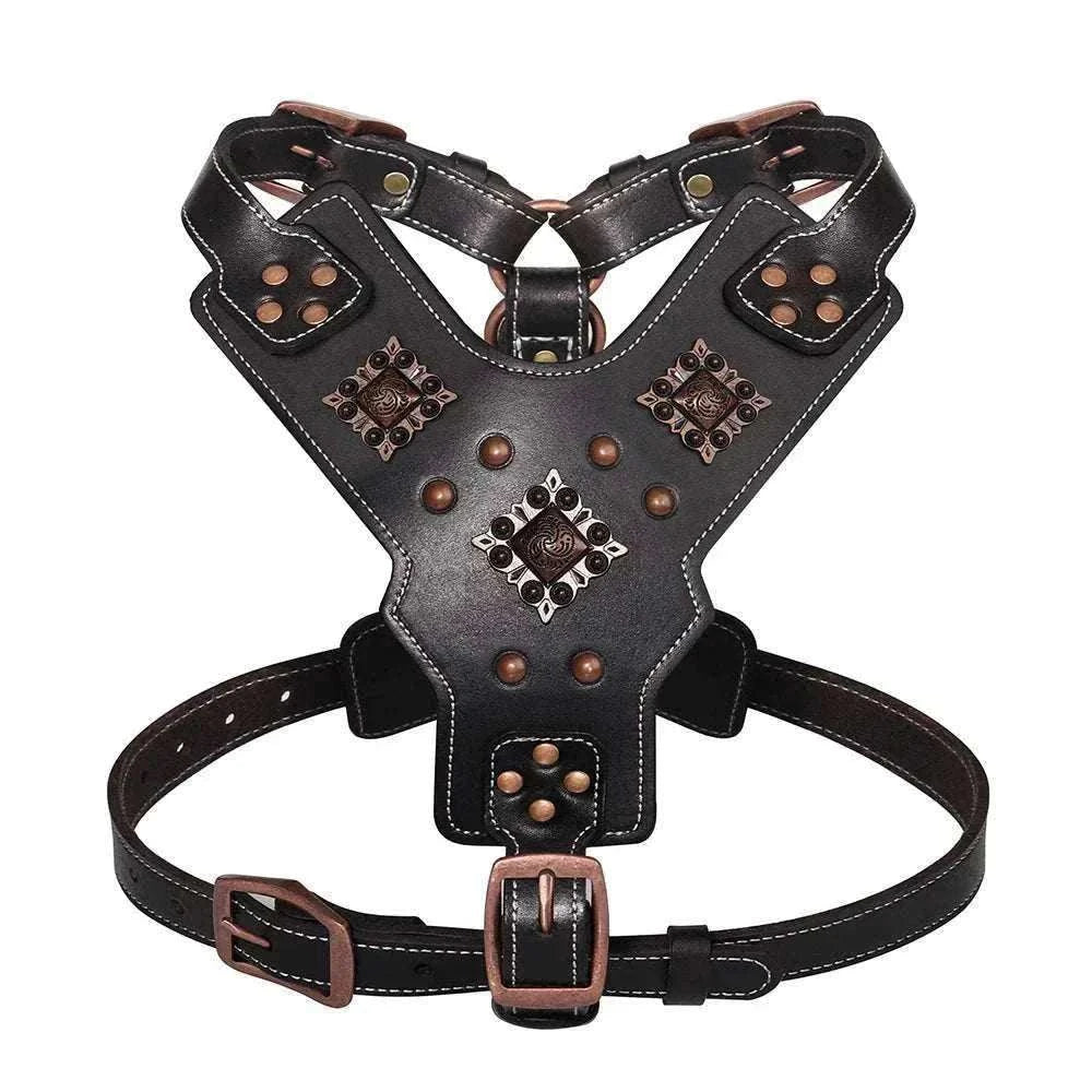harnais en cuir véritable noir robuste avec rivets métalliques pour chiens moyens et grands, ajustable pour promenade et dressage