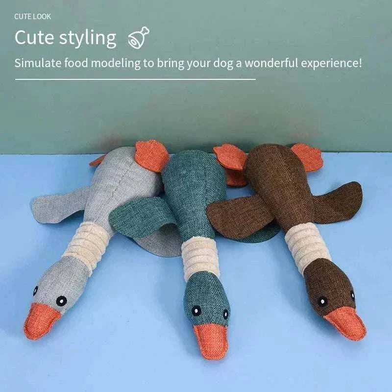 Plush dog toy set featuring blue, grey, and brown squeaky duck designs for training and dental care.