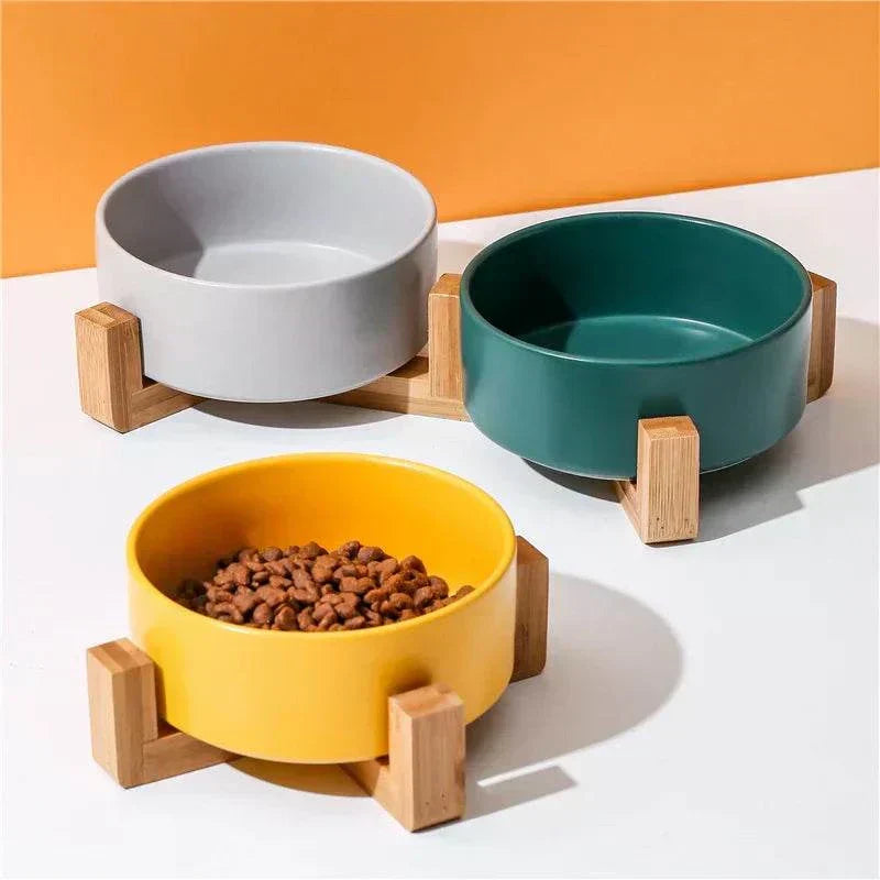 Premium ceramic pet bowls with non-slip wooden stand in vibrant colors.