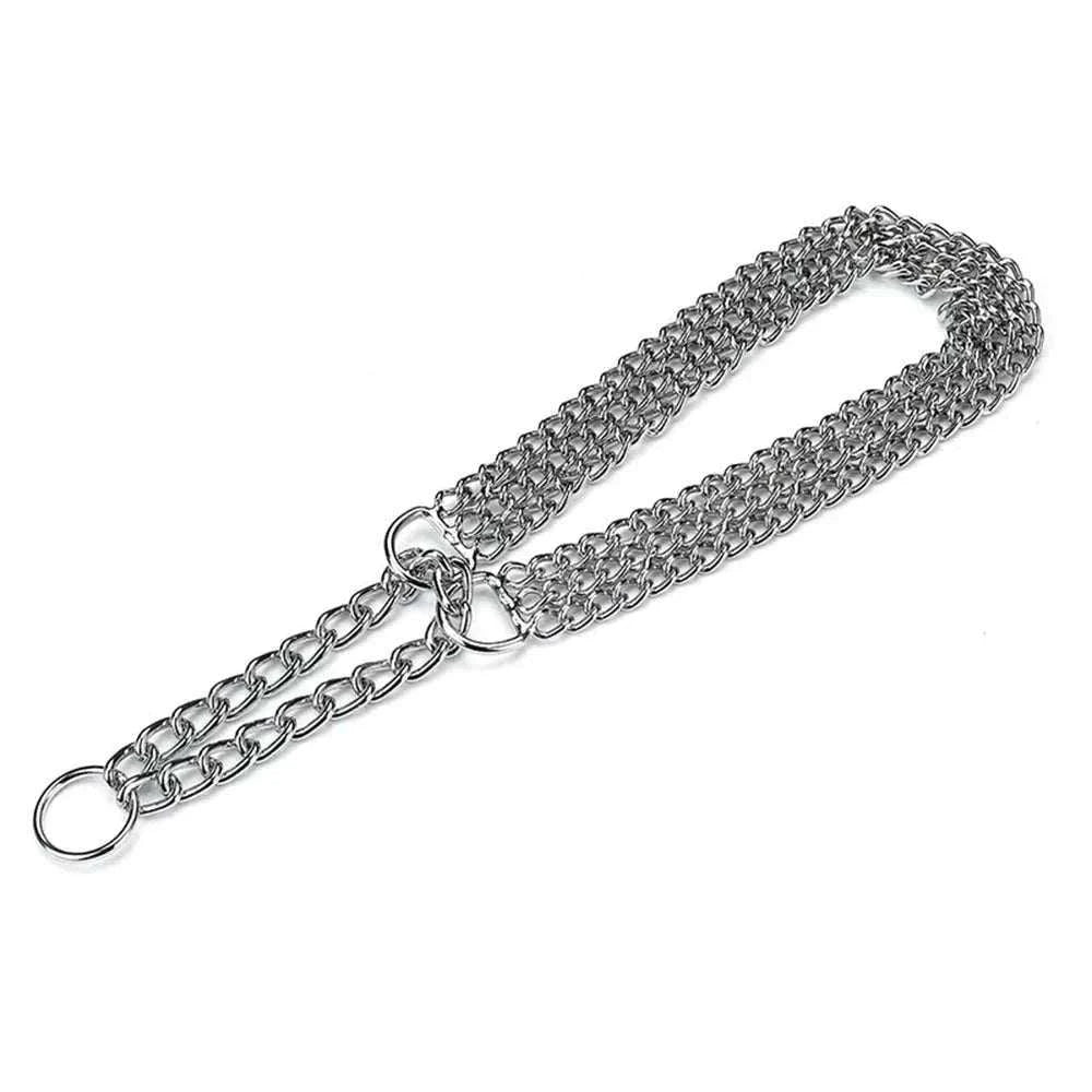 collier métal triple rangée maillons cubains anti-mastication pour chien robuste et élégant ajustable en acier inoxydable argenté