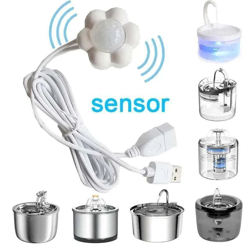 Capteur de mouvement intelligent blanc avec câble USB pour fontaine à eau automatique pour chiens et chats, accessoire écoénergétique et facile à installer
