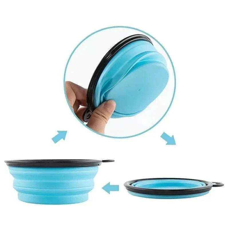 Bol pliable en silicone bleu pour eau et nourriture de chiens et chats, portable et compact avec mousqueton.