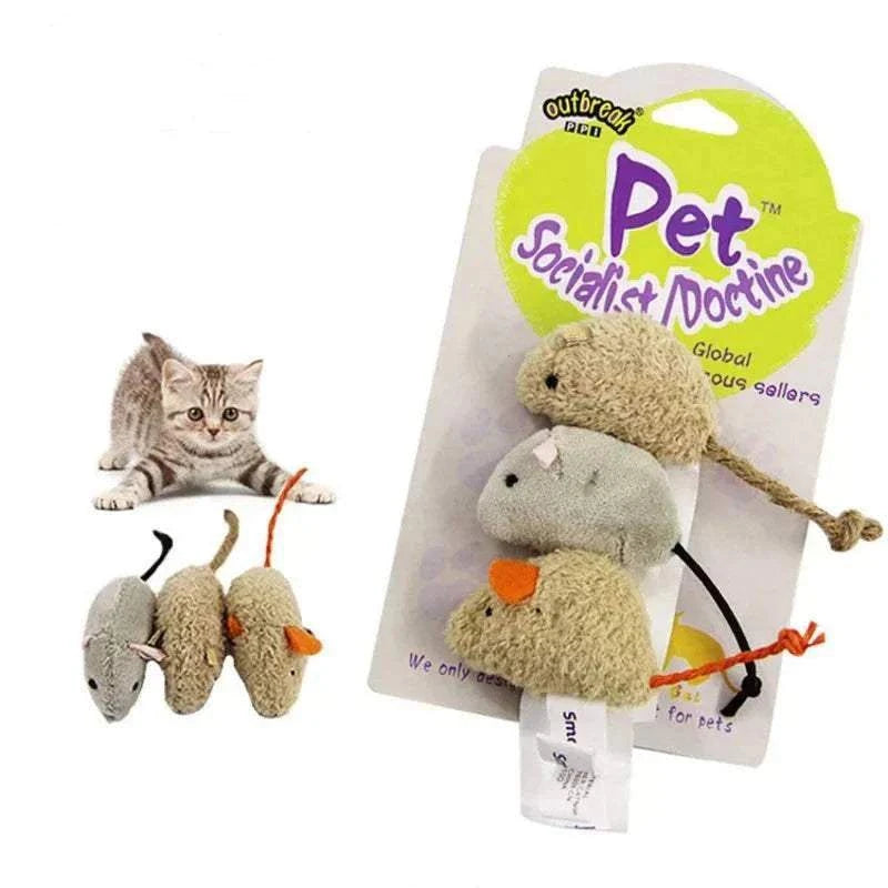 Lot de 3 jouets souris en peluche pour chats, résistants et interactifs.