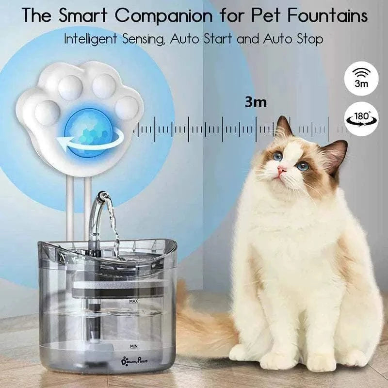 Capteur intelligent pour fontaine à eau automatique pour chats et chiens avec détection infrarouge jusqu'à 3 mètres, activation automatique et design blanc avec LED bleue
