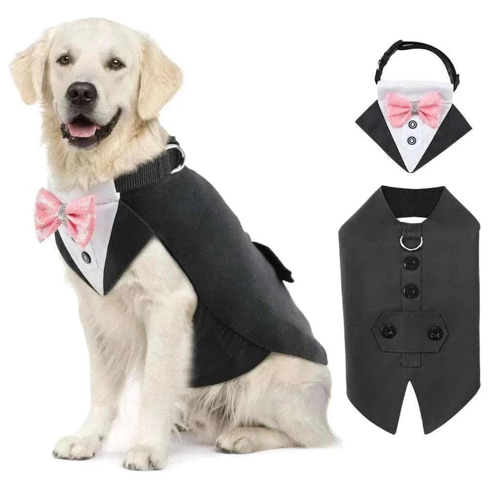 Tuxedo élégant pour grand chien avec nœud papillon détachable, costume confortable pour mariage ou événements spéciaux.
