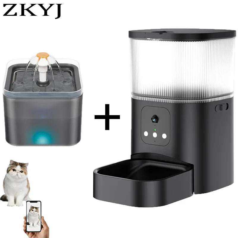 distributeur automatique nourriture 3L pour chats chiens avec caméra wifi et commandes vocales noir design élégant sécurisé