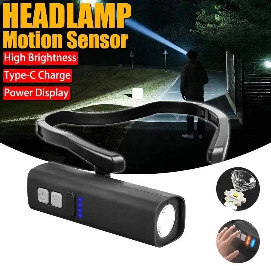 Lampe frontale LED avec capteur de mouvement, haute luminosité, recharge Type-C et afficheur de batterie.
