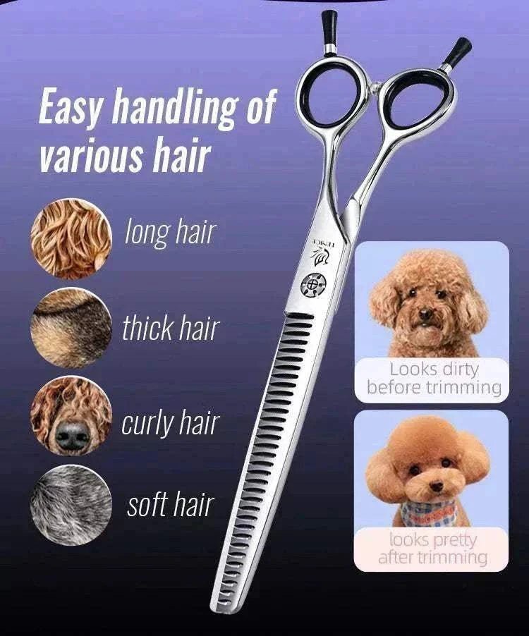 Ciseaux de toilettage Fenice en acier JP 440C pour amincissement précis et ergonomique du pelage des chiens et chats.