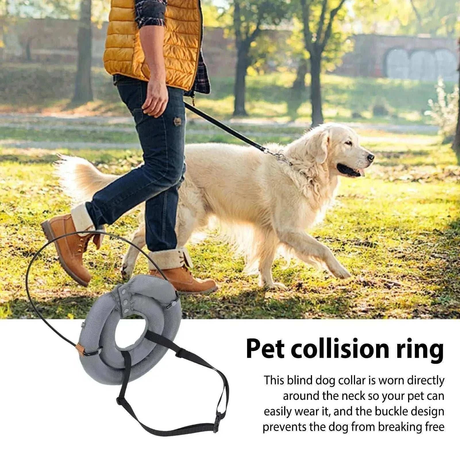 Harnais protecteur réglable et réfléchissant avec collier guide anti-collision pour chiens aveugles sécurisant leurs déplacements.