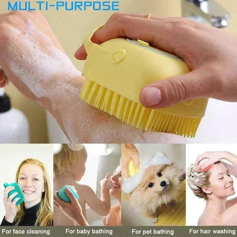 Brosse massage chien en silicone pour bain doux, nettoyage et relaxation, adaptée à tous types de poils et peaux sensibles.