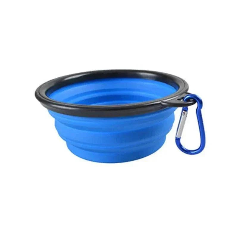 Bol portable en silicone bleu pliable pour nourriture et eau, idéal pour voyages avec chiens et chats.