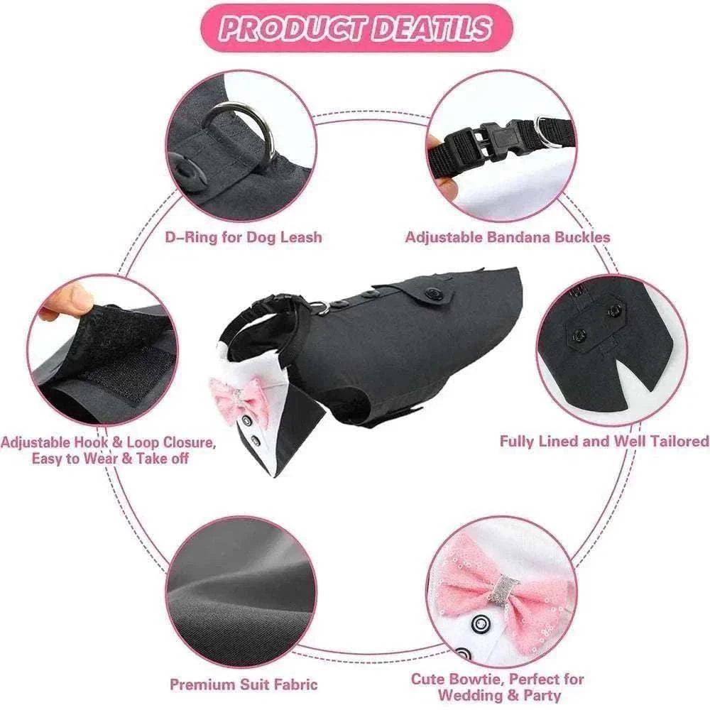 Tuxedo noir élégant pour grands chiens avec nœud papillon détachable, confortable et ajustable pour mariage et occasions spéciales