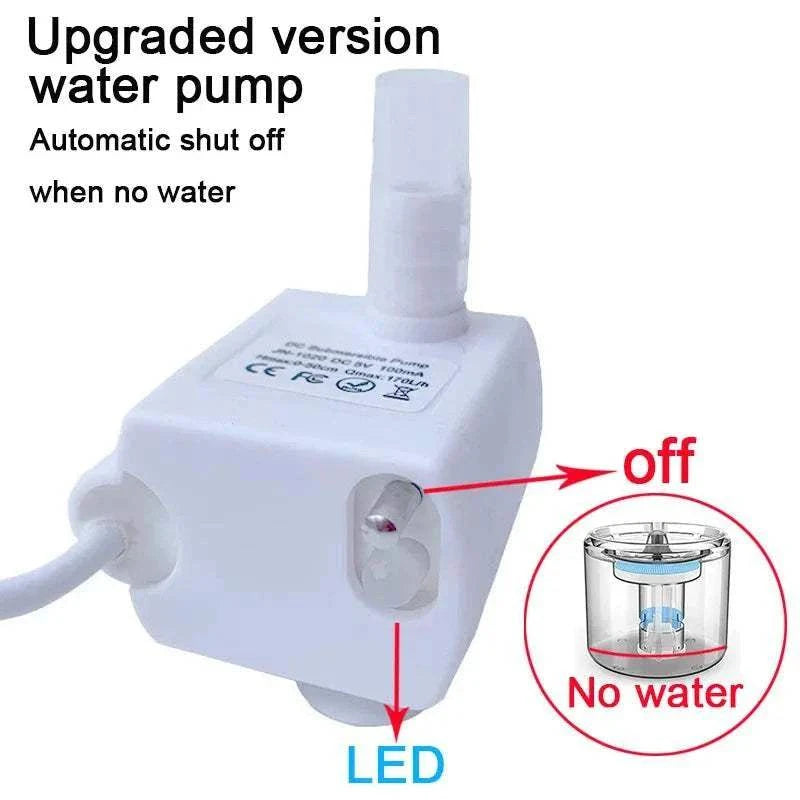 Pompe blanche améliorée pour fontaine à eau avec arrêt automatique sans eau et voyant LED pour animaux.
