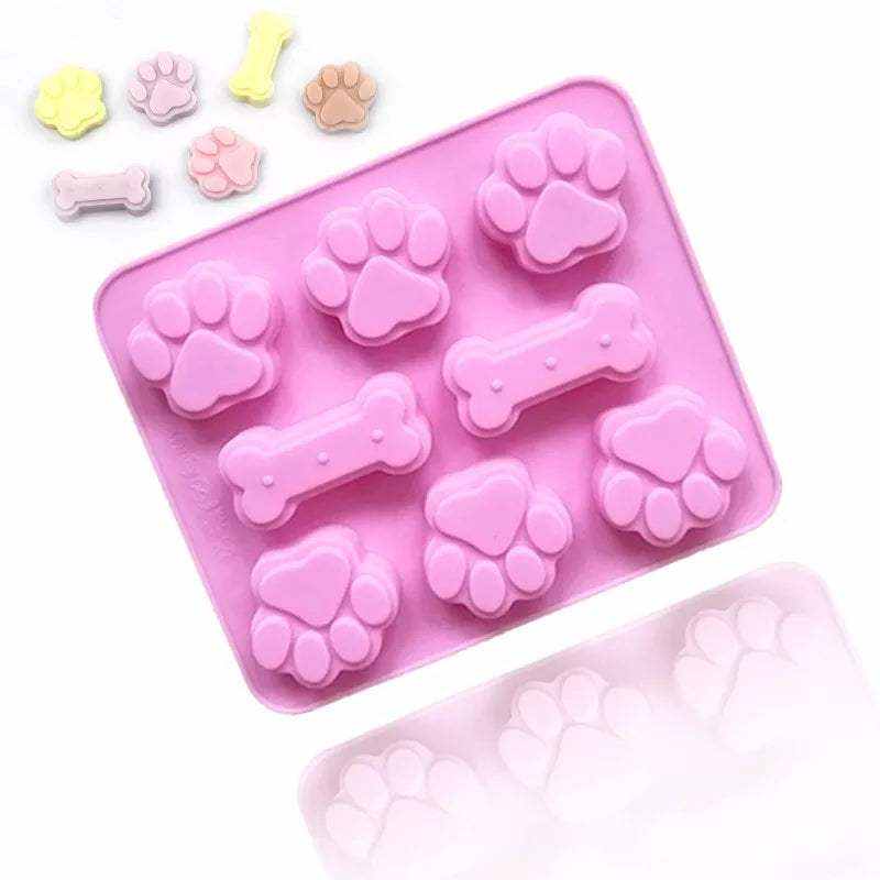Moule en silicone rose en forme de pattes et os pour friandises glacées et décorations de gâteaux pour chiens et chats