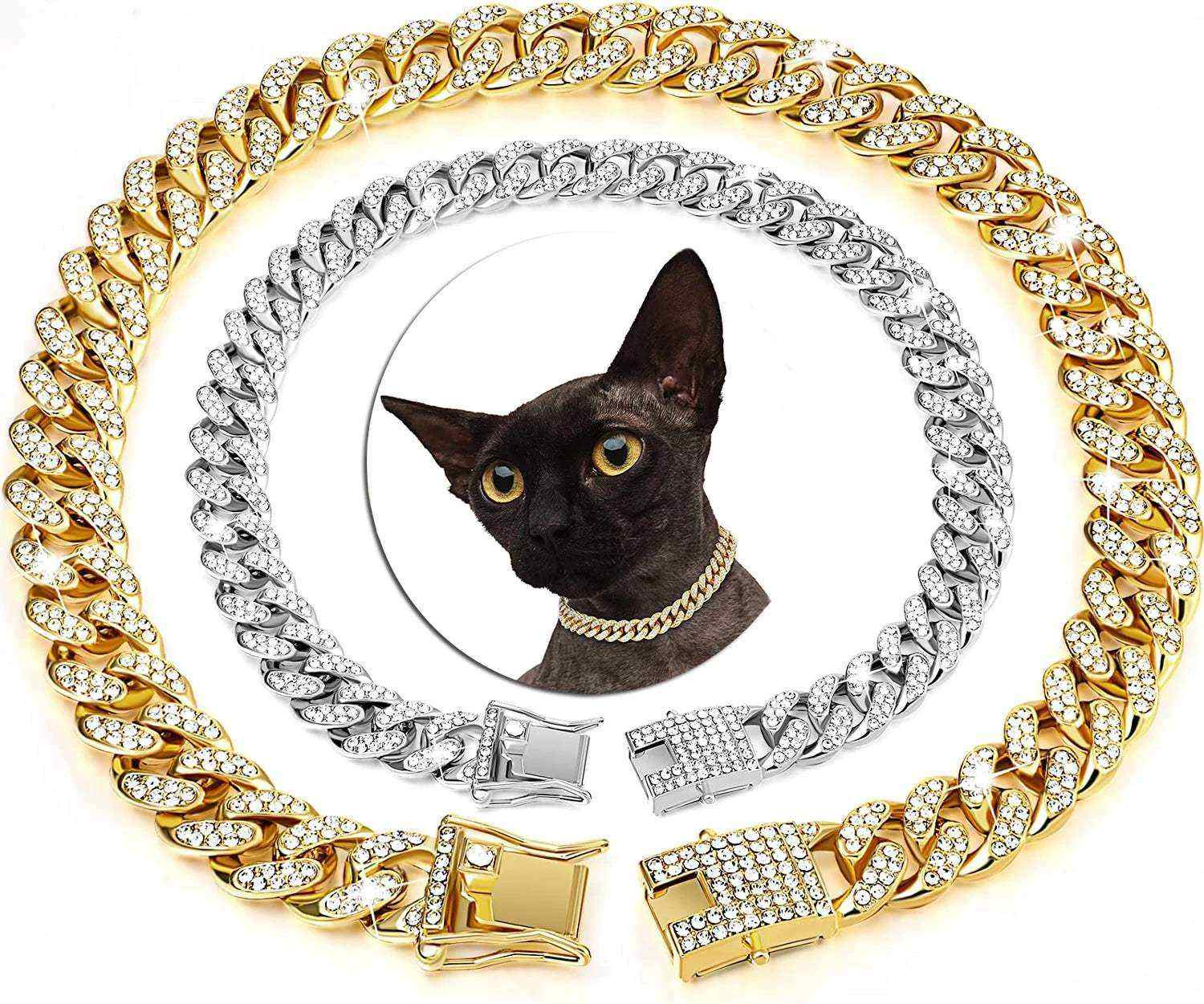Luxury Gold Cuban Link Cat Collar with Rhinestone, Perfect for Weddings & Cosplay.