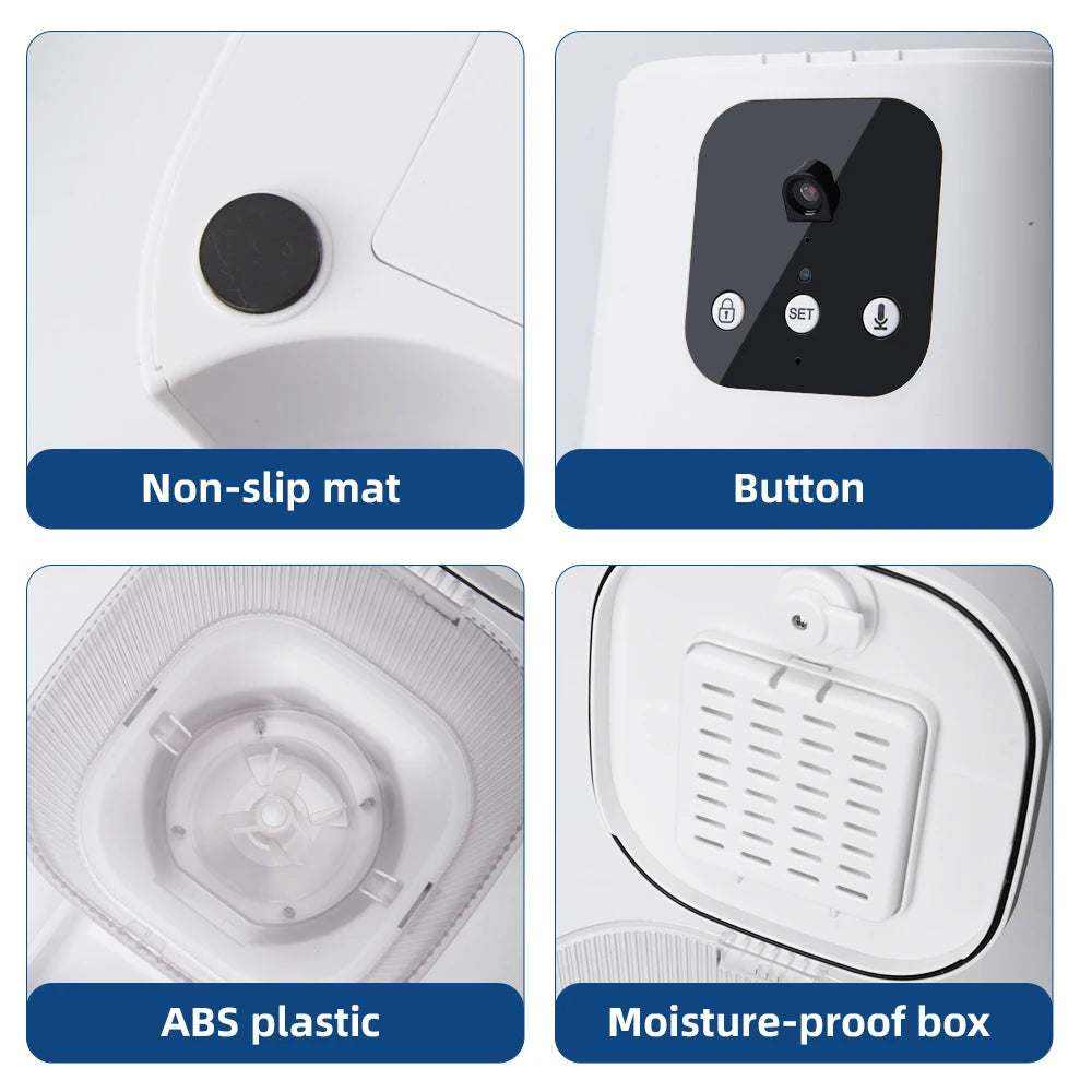 distributeur automatique de nourriture pour animaux avec caméra wifi commandes vocales surface antidérapante plastique ABS boîtier étanche à l'humidité