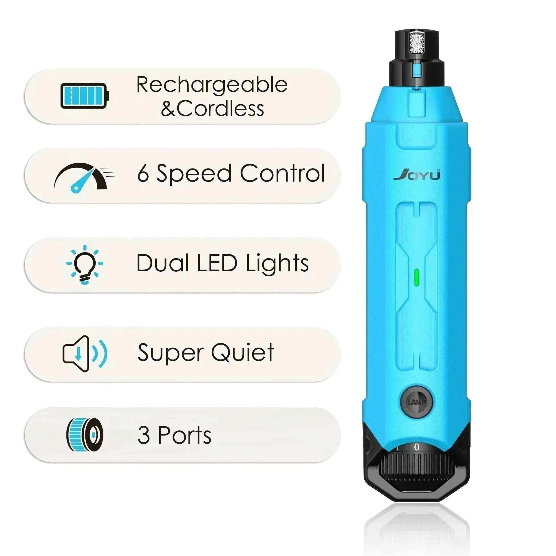 Lime à ongles électrique bleue pour chiens et chats avec 6 vitesses, éclairage LED double, rechargeable et ultra silencieuse