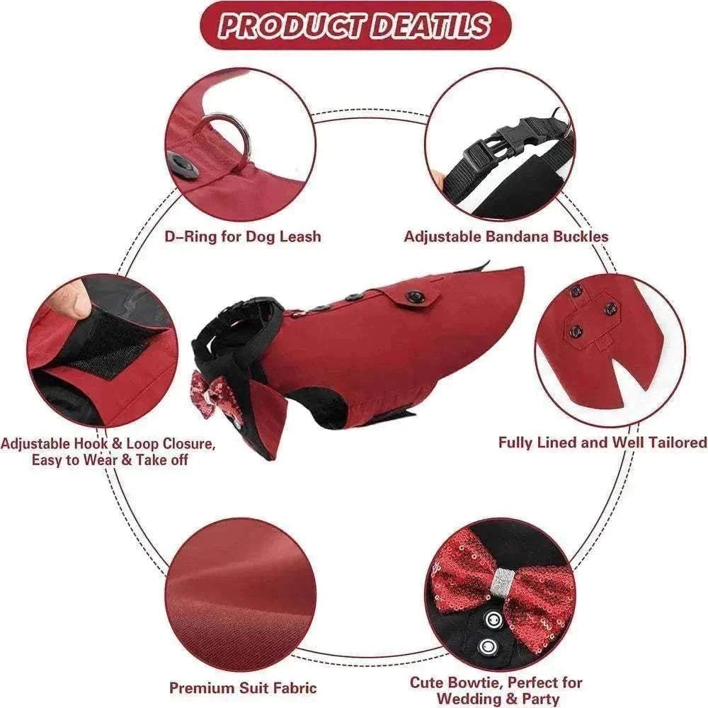 Costume tuxedo rouge élégant pour grands chiens avec nœud papillon détachable et fermeture ajustable, tissu premium doux et confortable.