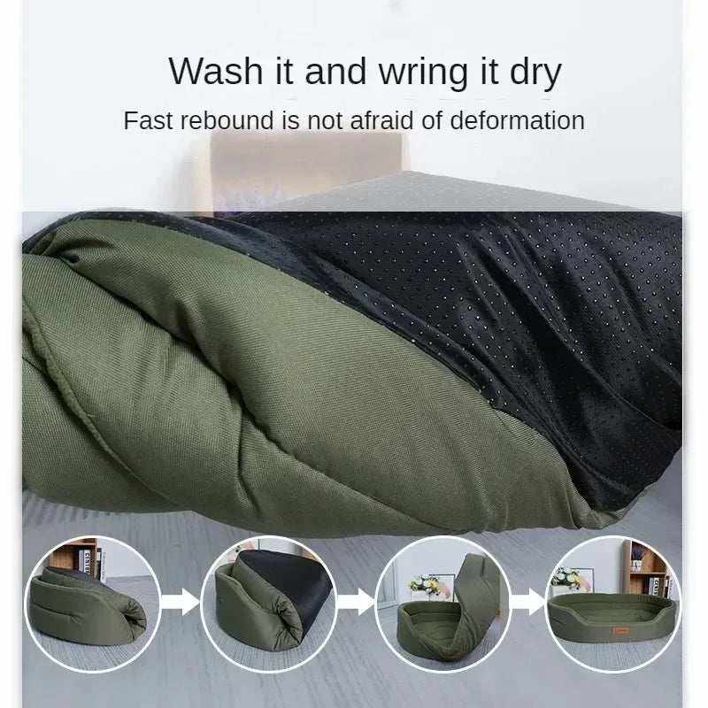 Coussin douillet vert pour chien, lit moelleux et confortable, lavable en machine, résistant à la déformation, design ergonomique adaptable.