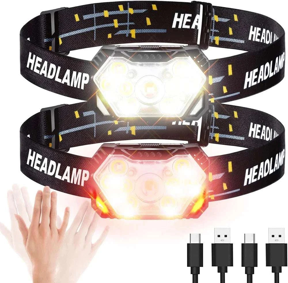USB rechargeable Lampe Frontale LED headlamp with 9 LEDs, motion sensor, waterproof design, and adjustable elastic band for outdoor activities like camping and hiking