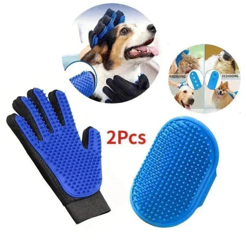 Kit de toilettage pour animaux avec gant de bain bleu et brosse de déshedding