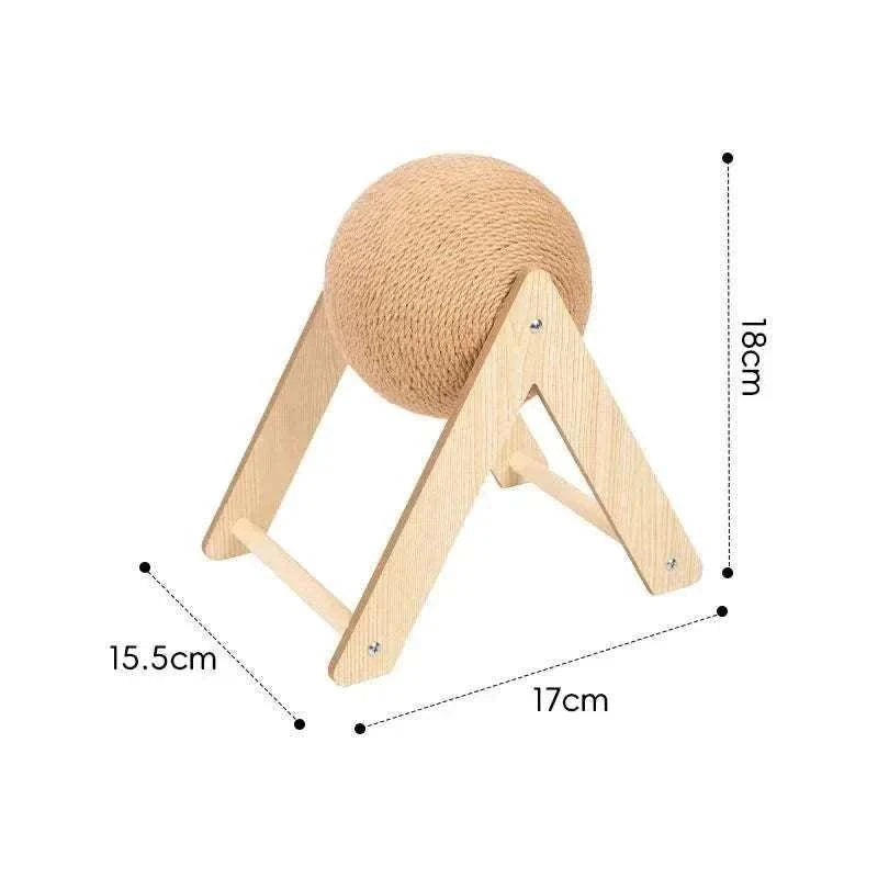 Balle griffoir en corde naturelle avec clochettes pour chat, support en bois, dimensions 18x17x15,5 cm, jouet interactif stimulant pour chats adultes et chatons.