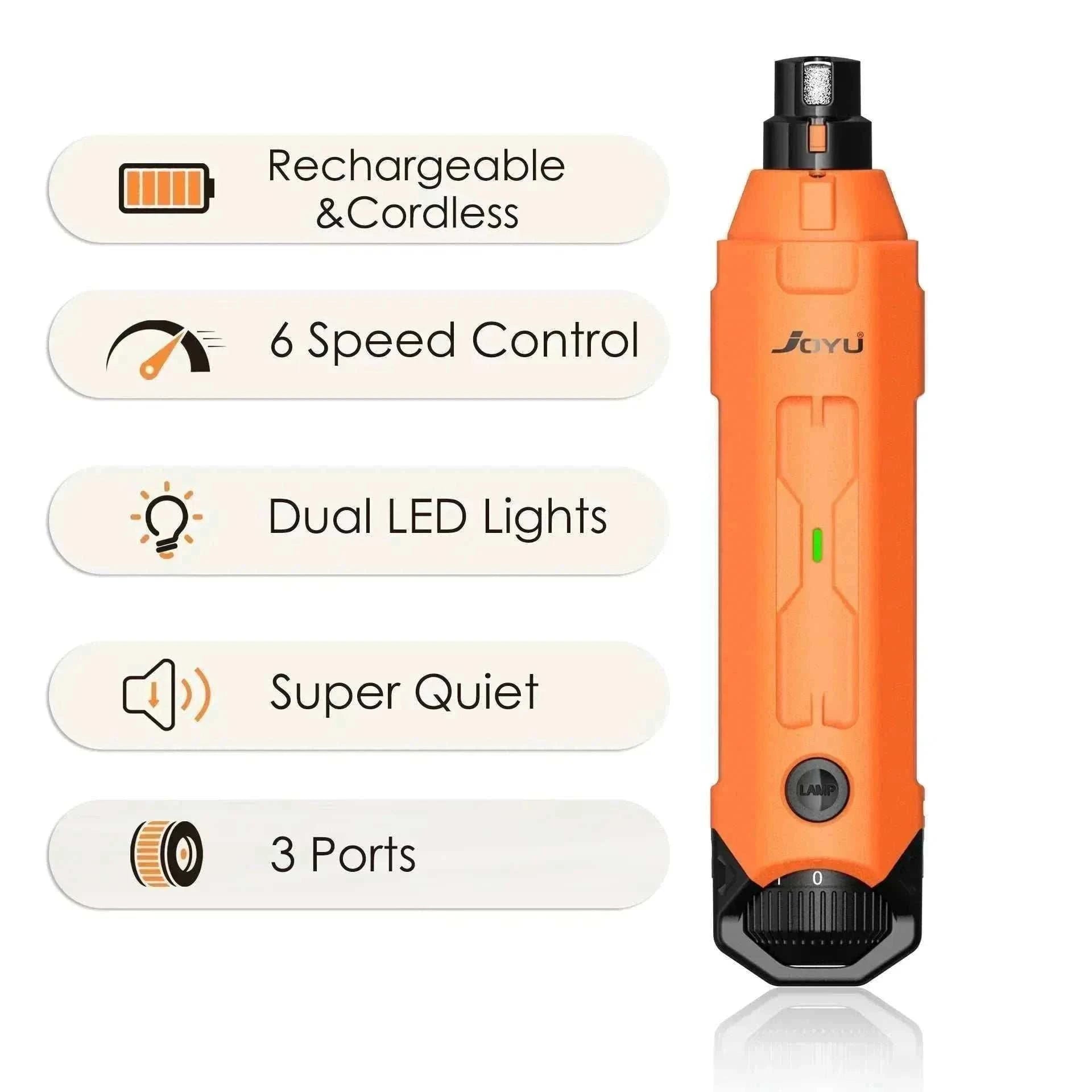 Lime à ongles électrique orange pour chiens et chats avec 6 vitesses, éclairage LED double, rechargeable et silencieuse.