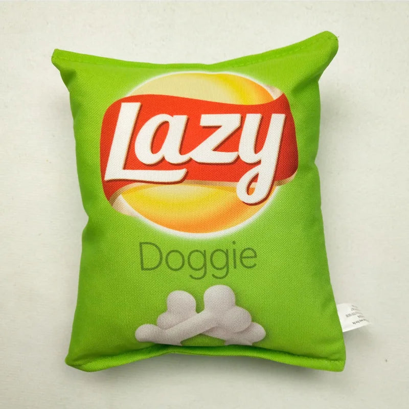 Jouets interactifs en peluche pour chiens avec motif de paquets de chips, résistants et adaptés au nettoyage dentaire.