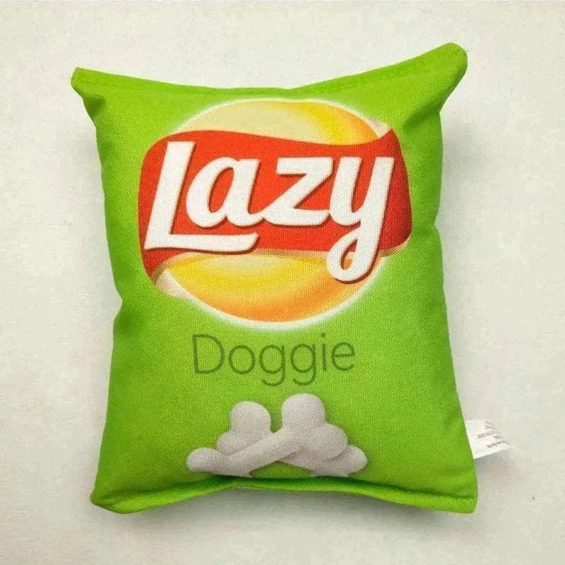 Jouet en peluche interactif "Lazy" design paquet de chips vert, résistant et favorisant le nettoyage dentaire pour chien.