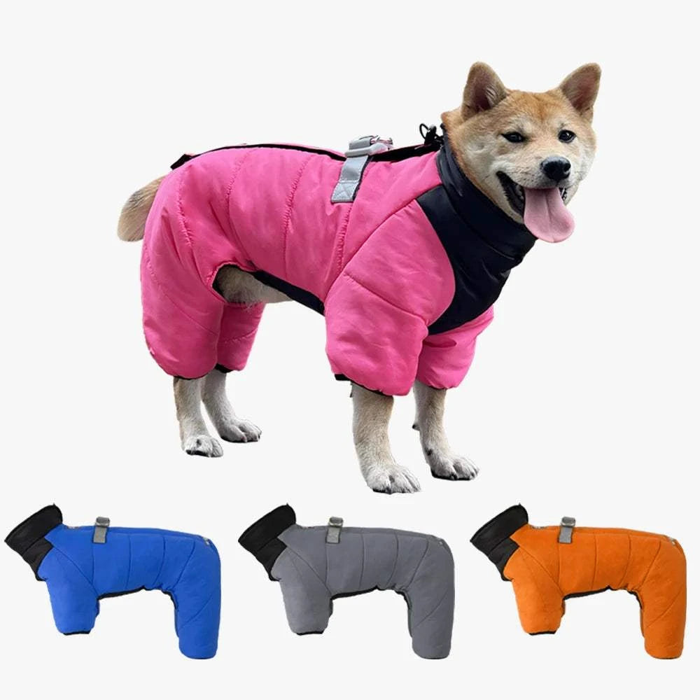 Manteau d’hiver 4 pattes pour chien | Veste chaude réfléchissante avec harnais et col roulé