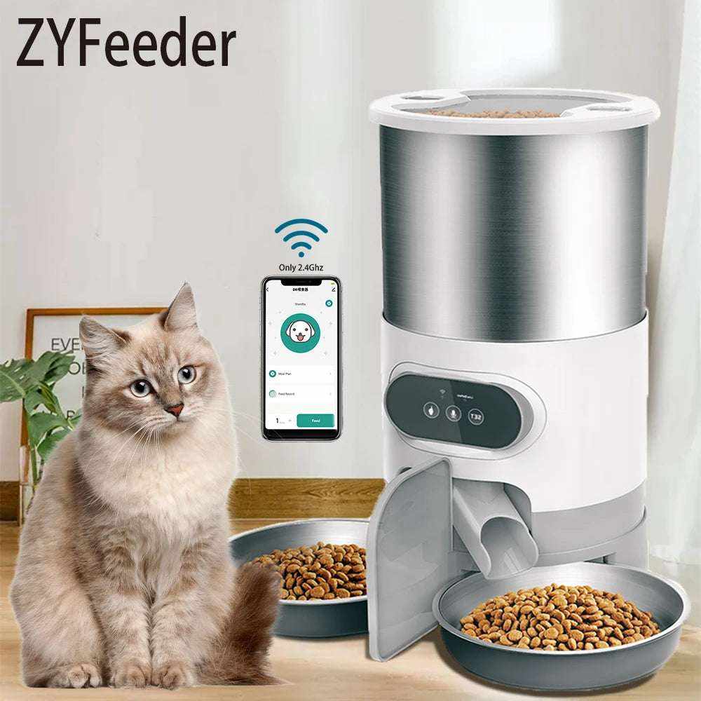 distributeur automatique intelligent ZYfeeder pour chiens avec contrôle application mobile et plateau acier inoxydable